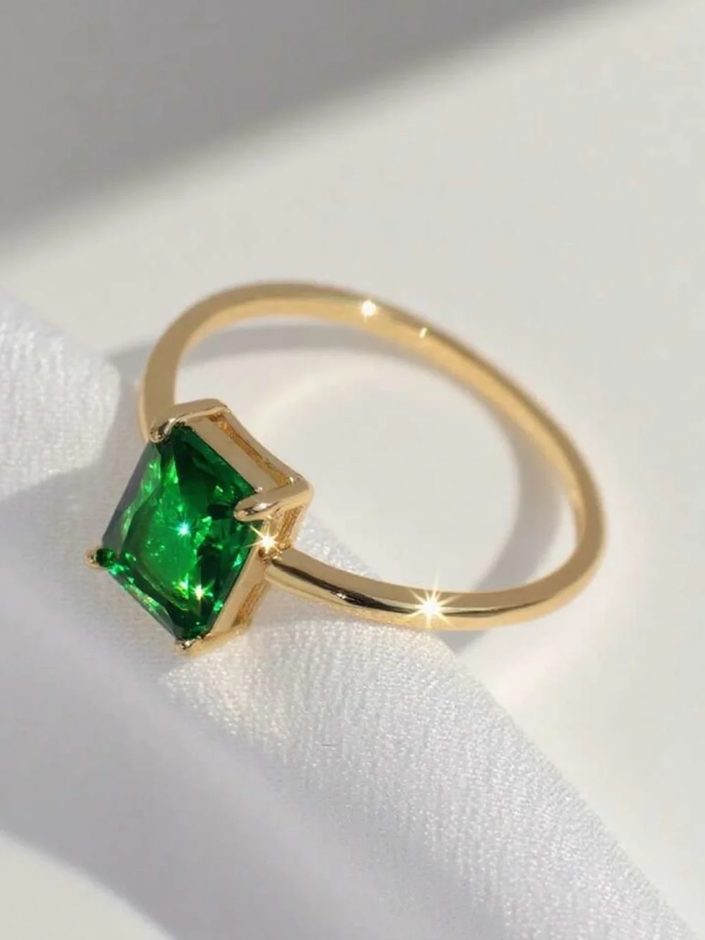 Anthropology 18K Gold Plated Ring with Emerald Green Rectangular Cubic Zirconia